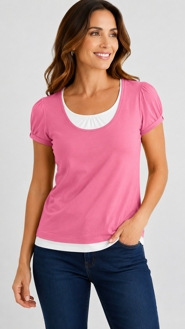 9-50 St. John's Bay Petite Medium Women's Pink Layered Look Short Sleeve Top
